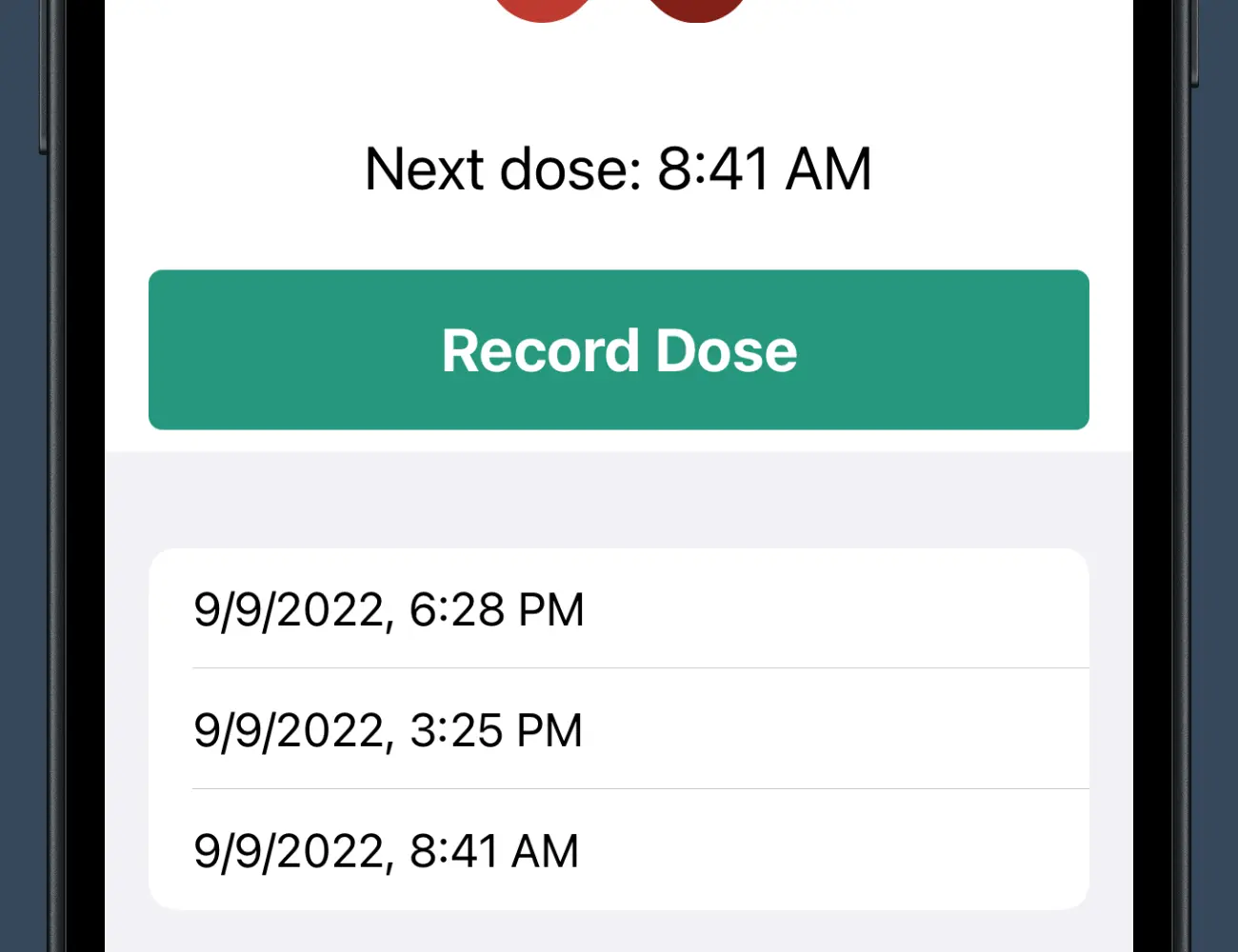 Screenshot of PillTimer showing the time of the next dose calculated from the previous doses