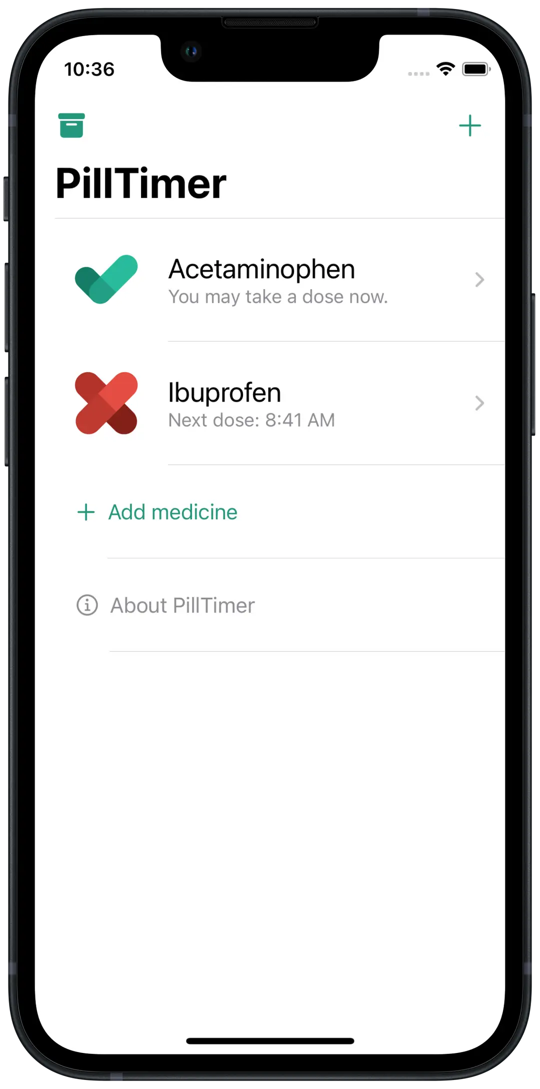 Screenshot of the PillTimer app