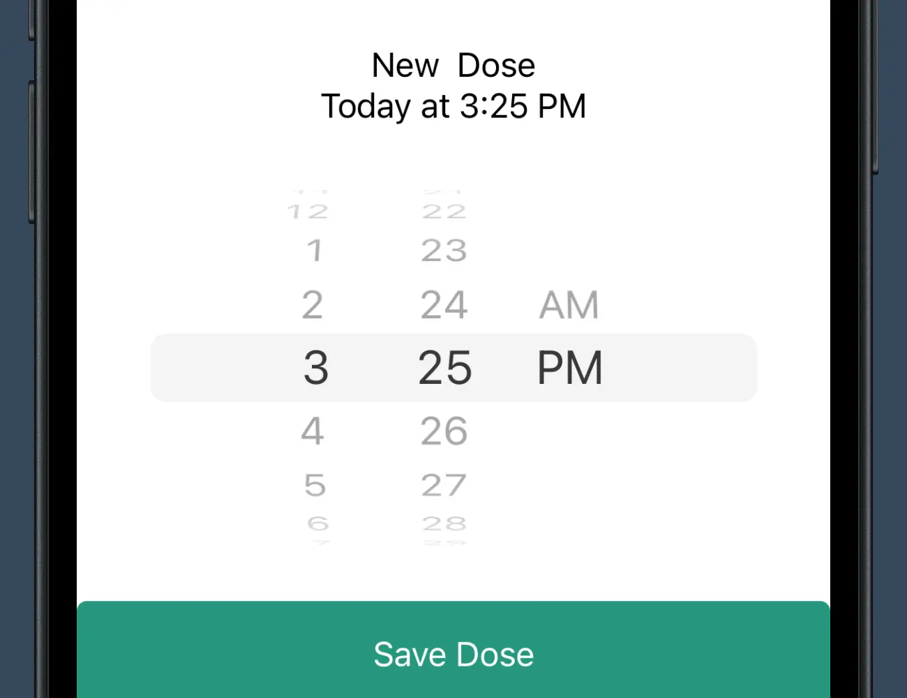 Screenshot of PillTimer showing the dose entry screen