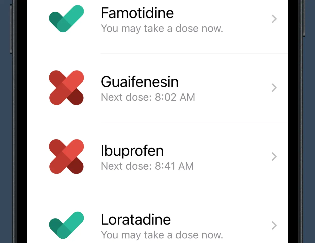 Screenshot of PillTimer showing multiple medications, some available to take now and some not